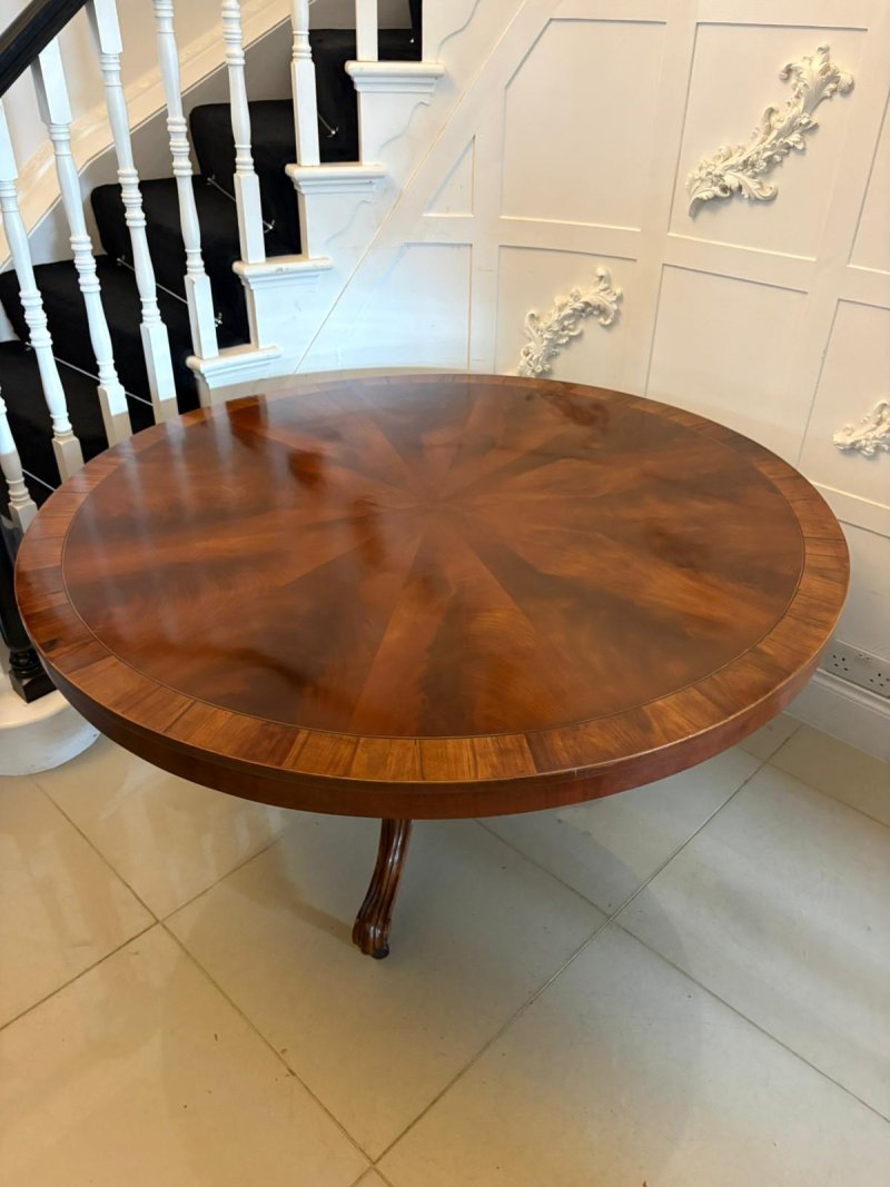 Antique English Victorian Segmented Figured Mahogany Circular Centre Dining Table